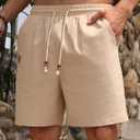 Men's Cotton Shorts Drawstring Waist Embroidered Tree Summer Vacation Beach Shorts (Beige, L)