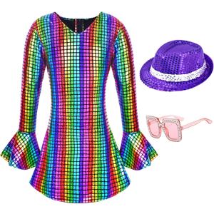 70s Disco Costume Outfit for Girls Bell Sleeve Sequins Dance Dress with Accessories Age 3-10 (3-4T Height 39.4-41.8in, Multicolour)