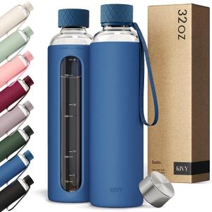 KIVY Glass Water Bottle with Silicone Sleeve 32 oz [WITH MEASUREMENT] - Borosilicate Glass Water Bottle Screw Top - Clear Bottles with Measurement Marking - Slim Waterbottle Aesthetic - Dark Blue