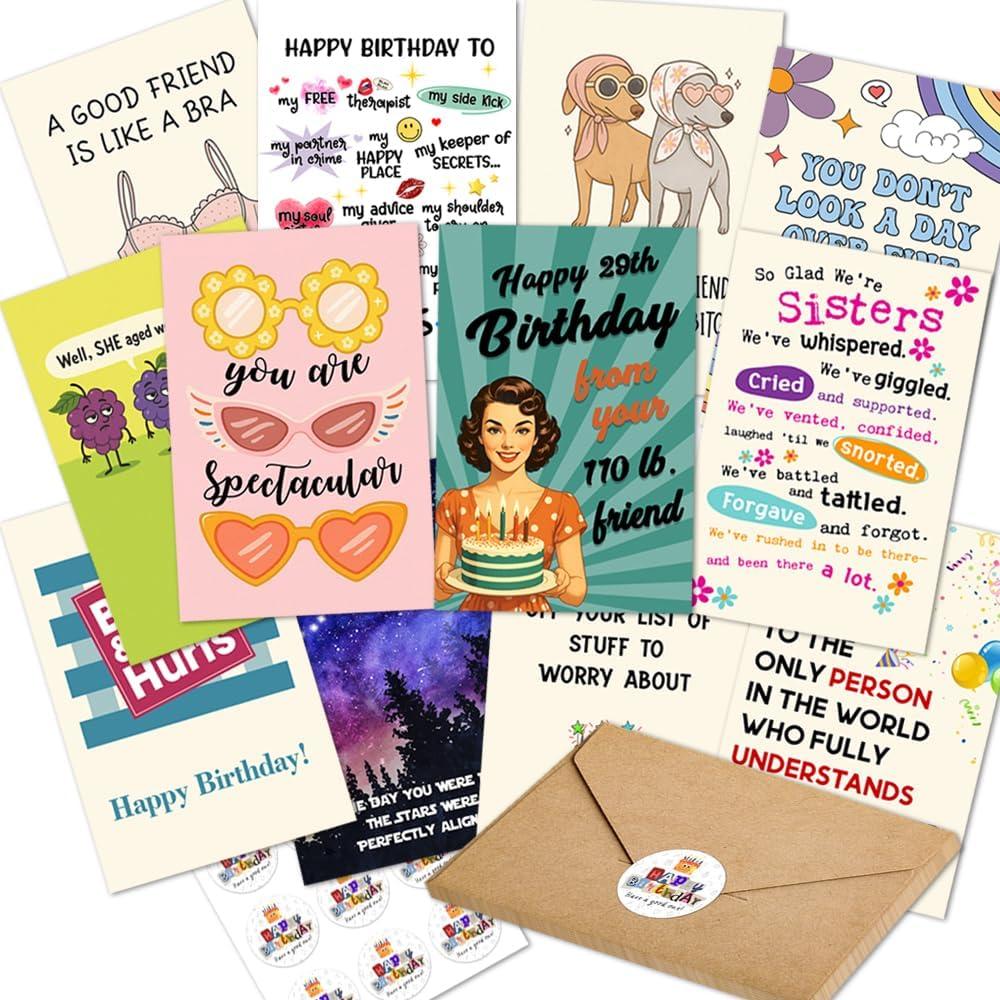 Funny Birthday cards for Women  Hilarious Greeting Card Set with Envelopes & Stickers  Sarcastic, Relatable Humor for Best Friends, Sisters, Coworkers  12 Pack