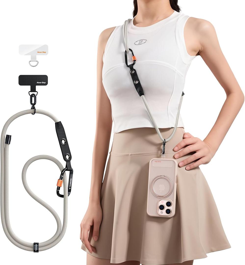 TORRAS Phone Lanyard with Hanging Loops, Durable Carabiner, Adjustable Anti Theft Phone Strap Crossbody, Skin-Friendly, 2 Tabs, Universal Cell Phone Neck Lanyard for Daily & Outdoor Activities, Beige