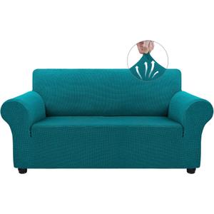 Asnomy Sofa Covers for 2 Cushion Couch Stretch loveseat Covers Slipcovers, Pet Protector Furniture Covers for Dogs Cats Spandex Jacquard Fabric Small Checks （Medium，Peacock Blue）