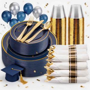 WDF Partyware 175PCS Blue and Gold Plastic Plates - Navy Blue Plates with Pre Rolled Napkins for Party - 25Guest Disposable Dinnerware Sets for Party/Birthday/Wedding/Graduation
