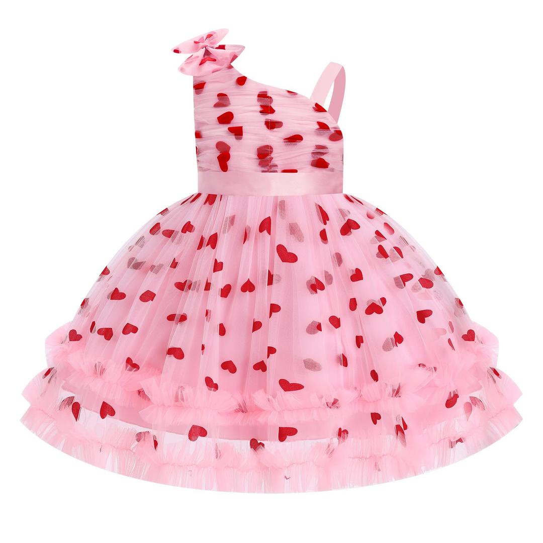 Kids Girls Birthday Party Dress Asymmetric Shoulder Straps Ruched Tulle Tutu Ruffle Dress Cake Crush Pink Heart, 5-6 Years