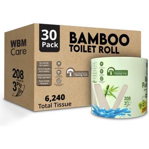 WBM Care Bamboo Toilet Tissue, Strong & Flexible 3-Ply, All Natural Tree Free and Septic Safe Paper Towels, 208 Sheets Each Roll, Total 6240 Sheets, 30 Rolls