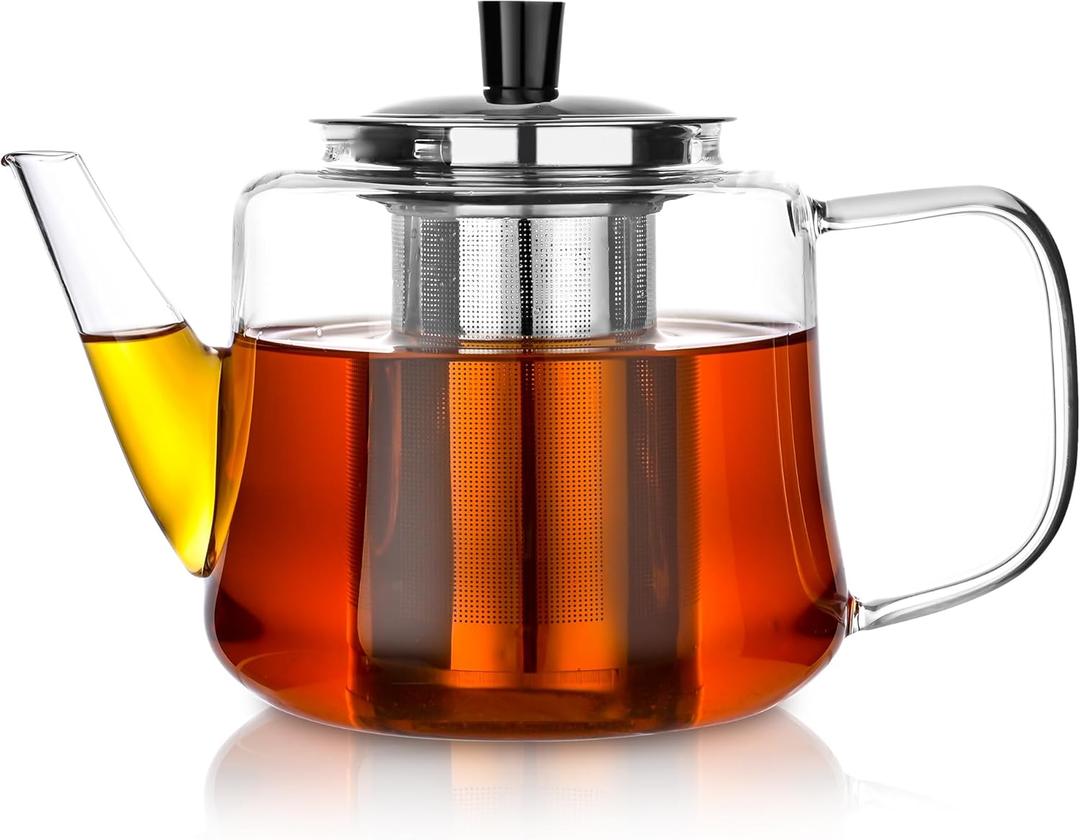 Glass teapot with infuser, Ehugos 1000ml(33oz) Stovetop Safe Hand Crafted Clear Glass Teapot with Removable Infuser for Loose Leaf Tea and Blooming Tea