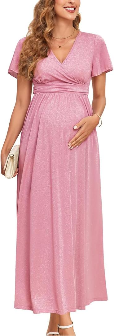 2025 Women's Sparkly Maternity Maxi Dress Ruffle Sleeve Wrap V Neck Pregnancy Dresses with Pockets Baby Shower XL