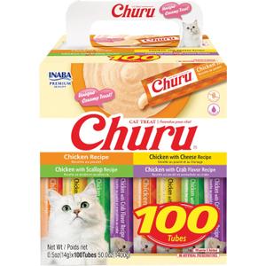 INABA Churu Cat Treats, Lickable, Squeezable Creamy Pure with Vitamin E, 0.5 Ounces per Tube, 100 Tubes Total, Chicken Variety