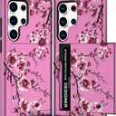 Compatible with Samsung Galaxy S24 Ultra Case Wallet Cute for Women with Design,Rugged Credit Card Holder Slot Protective Phone Skin Cases - Pink Cherry Sakura Blossom