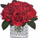 Fule Artificial Silk Rose Flower Centerpiece Arrangement in Glass Vase with LED Light for Home Wedding Decoration (Red)