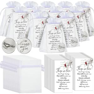 50 Set Cardinal Memorial Coins Angel Sign Gifts Set Include Cardinal Funeral Pocket Token Memorial Sign Poem Cards and White Organza Bags for Angel Charms Wedding Funeral Memory Presents Family