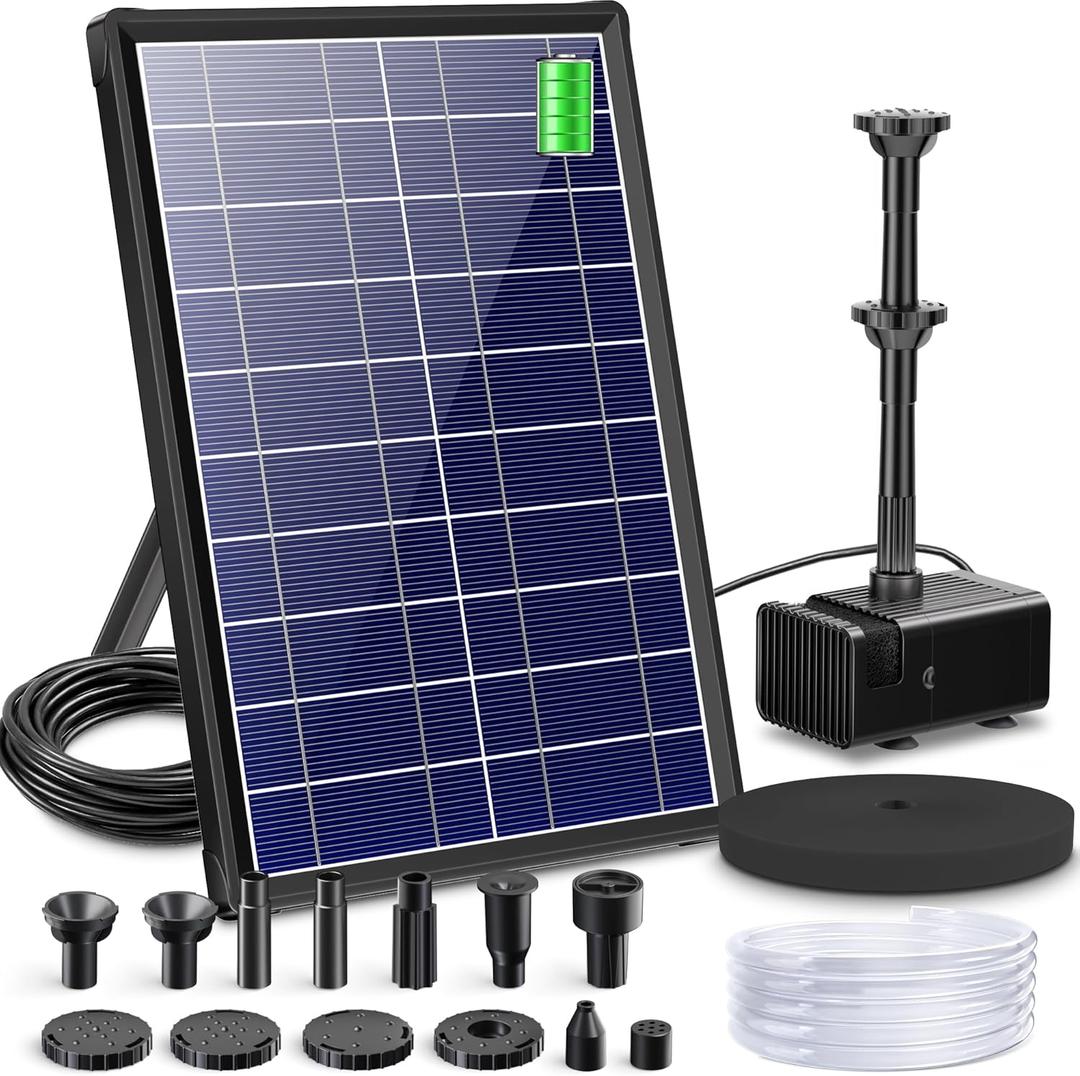 Biling 8W Solar Fountain Pump, Solar Water Pump with 3600mAh Battery Backup Work All Day, 5ft Tubing 5 Nozzles, Solar Fountain for Bird Bath, Garden Pond, Fish Tank and Hydroponics