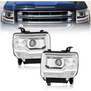 LED DRL Headlight Assembly Compatible with 2014-2018 GMC Sierra 1500, 2015-2019 GMC Sierra 2500HD 3500HD w/Bulbs & Wiring Harness, Replacement Pair Headlamp, Chrome Housing Clear Reflector