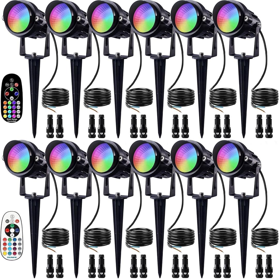 SUNVIE RGBW Low Voltage Landscape Lights Color Changing 12W LED Landscape Lighting Outdoor Waterproof Remote Control for Garden Yard Pathway Christmas Decorative Lighting, 12 Pack with Connector