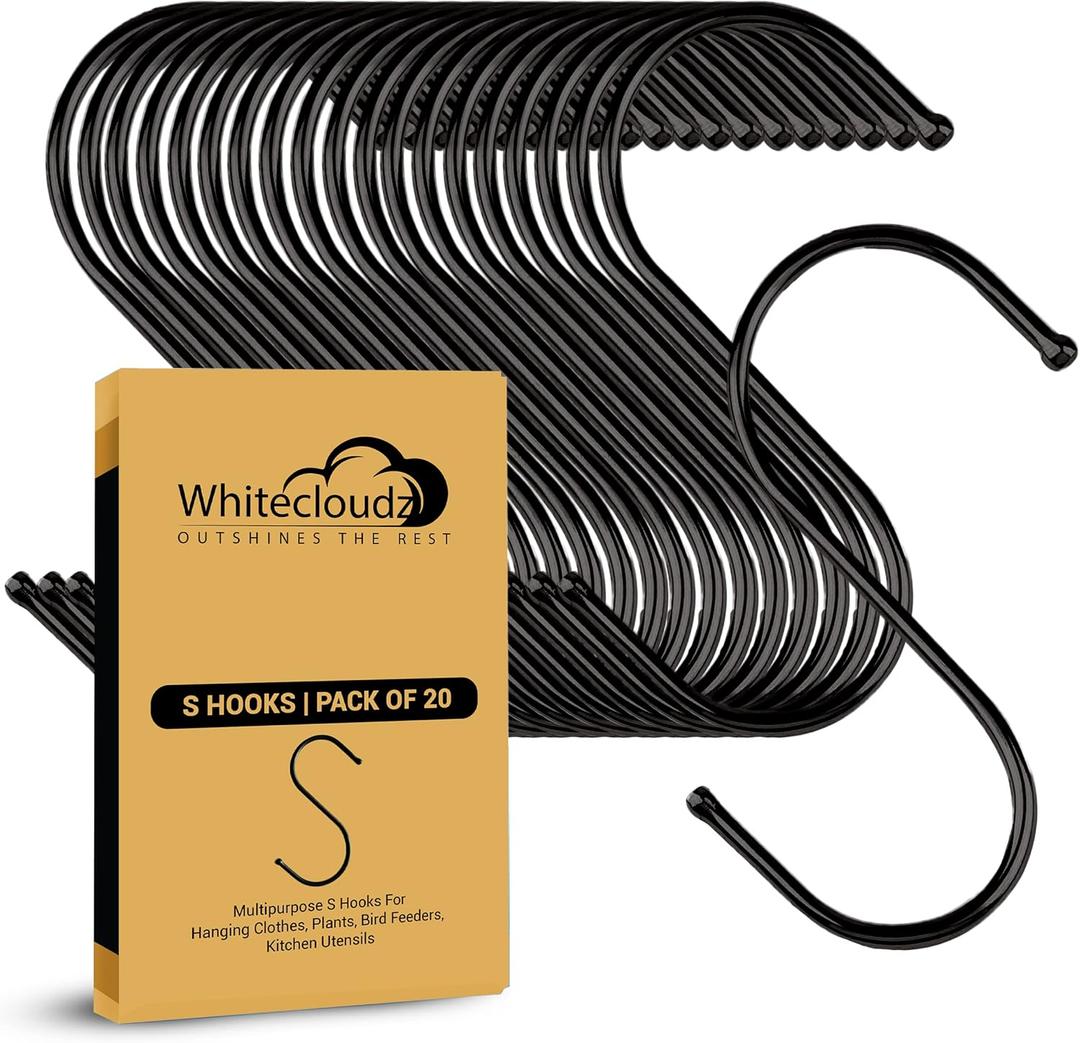 WHITECLOUDZ 20-Pack Black S Hooks for Hanging Plants, Metal S Hooks for Hanging Heavy-Duty, Closet Hooks for Hanging Clothes, Durable Kitchen Hooks for Hanging Utensils, Pots, Clothes & Bag