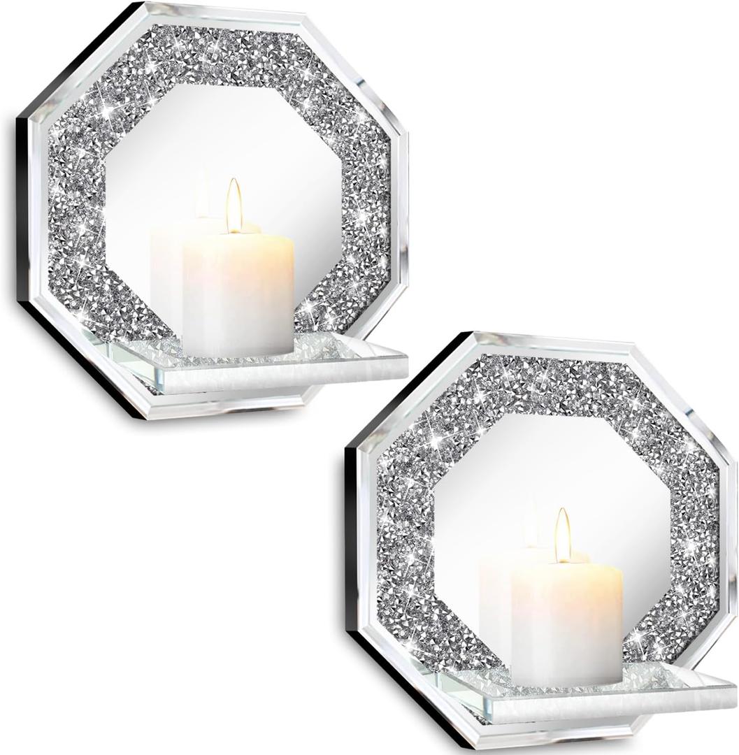 ZOLAPI Crystal Crush Diamond Wall Candle Holder Set of 2, Octagon Silver Mirrored Candle Sconces, Home Wall Decoration for Living Room, Dining Room & Bedroom.