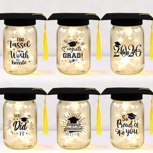 6 Sets 2026 Graduation Centerpieces for Tables, Mason Jar Centerpieces with Graduation Caps, Money Jars for College High School Congrats Grad Party Decor Supplies