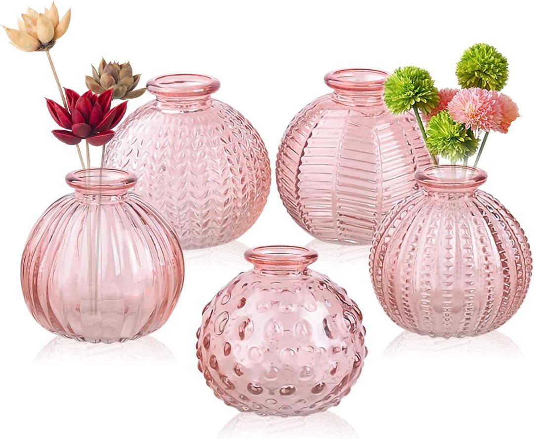 ELEGANTTIME Single Glass Bud Vase Pink Vases for Centerpieces Decor Glass Flower Vase Bottle with Crok Wire Iron Handle Design for Cafes, Office Table, Home and Garden