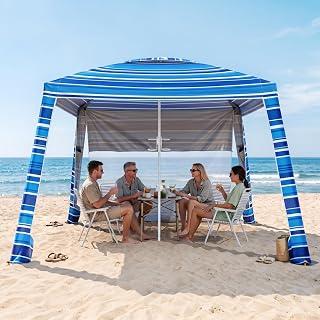 8'x8' Beach Cabana, UPF 50+ Large Beach Canopy with Side Wall, Easy Setup Pop Up Sun Shelter, Adjustable Height & Wind Resistant Beach Tent for 4-6 Person Family, Navy Blue