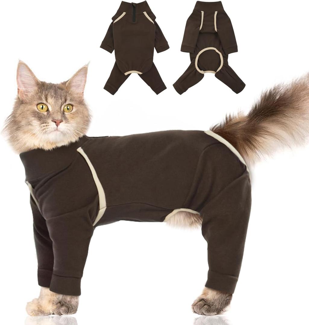Cat Pajamas - Coffee, L - Prevents Hair Loss, Sticky Hair Clothes, Sphynx Clothes, Anti-Licking or Skin Disease Recovery Suit for Female Cats, Pet Apparel Onesie