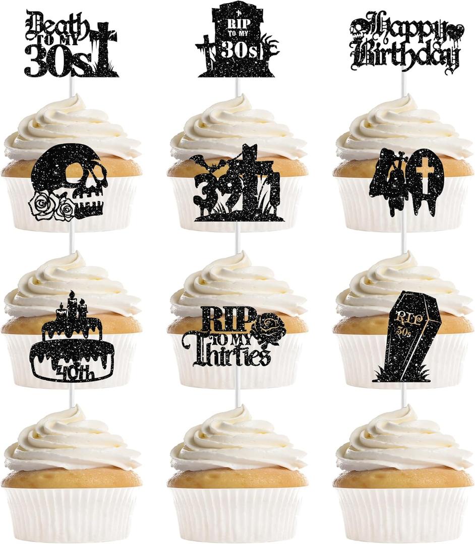 36 Pcs Death to My 30s Birthday Decorations, Rip 30s Gothic Black Cupcake Toppers, Funny 40th Birthday Cake Picks Party Supplies for Women Men (9 Designs)