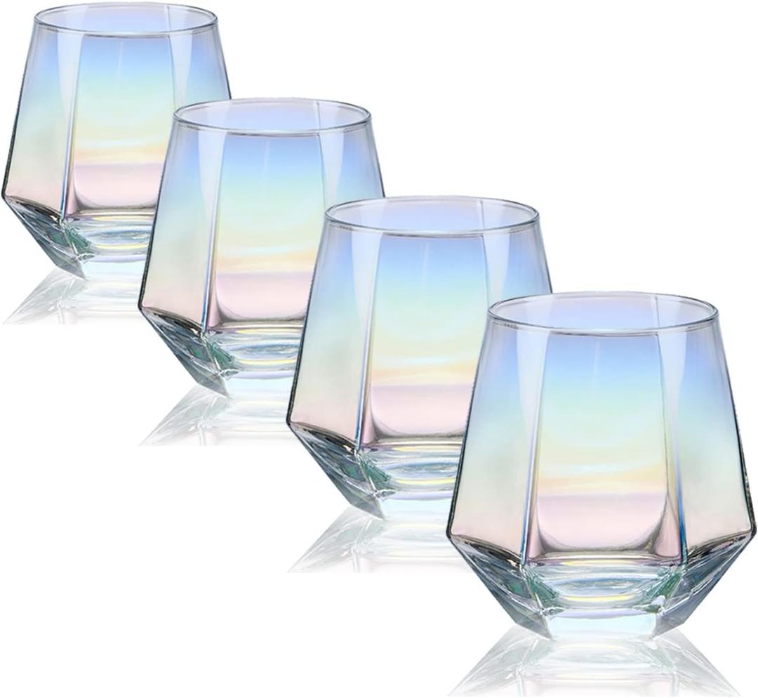 CUKBLESS Stemless Wine Glass Set Of 4(10 Oz), Iridescent Glassware, Modern Rainbow Wine Glass For Serving White Wine, Red Wine, Cocktail, Whiskey, Bourbon, Cool Water