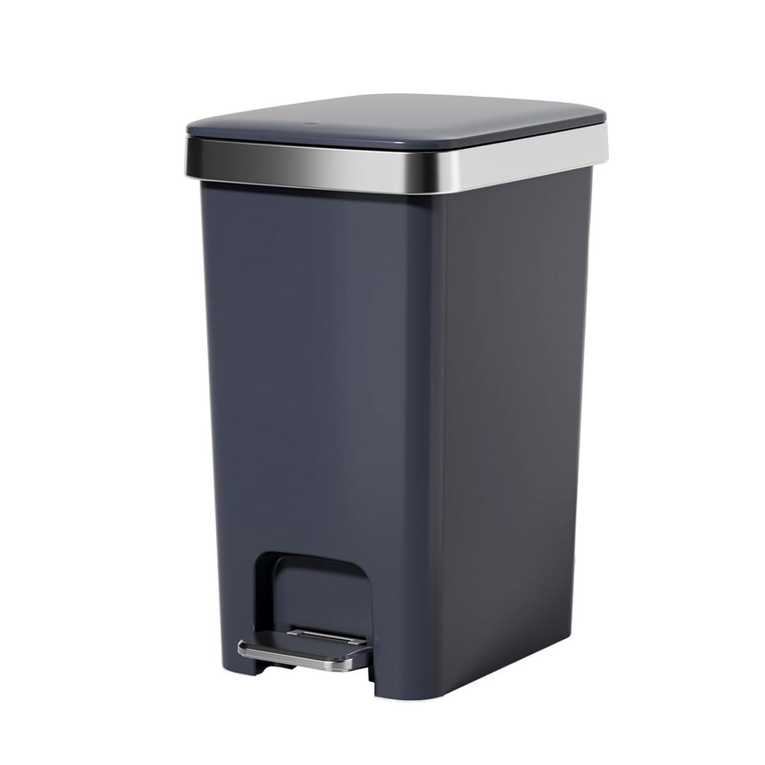 Rectangular Kitchen Step Trash Can with Soft-Close Lid, Gray Plastic Slim with Foot Pedal  Waste Baskets with Lids 4 Gallons, Step-On for Bathroom, Small Trash Can with Lids