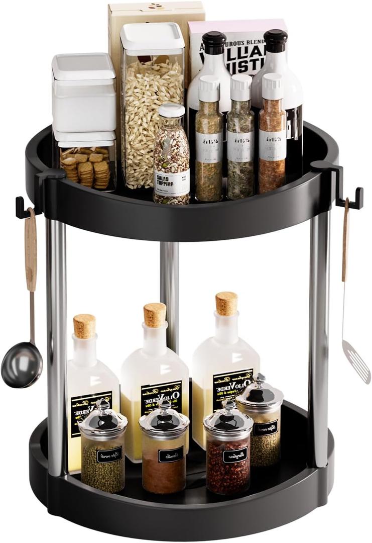 10.01" 2-Tier 360Rotating Lazy Susan turntable Organizer Spice Rack Organization for Kitchen countertop and Cabinet pantry Organizers and storage(1Black, Extra Large)