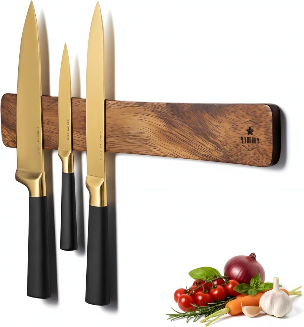 4 YORVOY Magnetic Knife Holder for Wall-16 inches long Kitchen Organizer- No Drilling Knife Magnetic Strip- Compact Utensil Holder- Acacia Wood Knife Rack- Strong Knife Magnet- Easy Installation