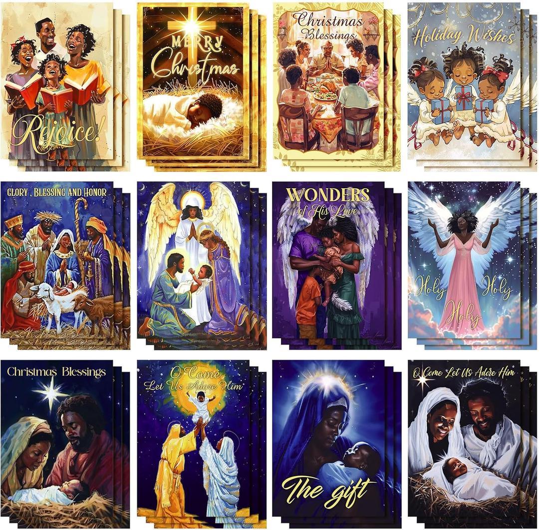 Cholemy 36 Set African American Nativity Scene Christmas Greeting Cards with Envelopes Black Nativity Cards Christian Religious Card Black African Holy Family Queen Card for Holiday Women Sister