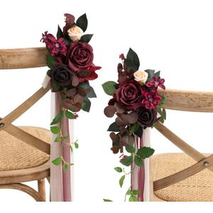 Ling's moment 2 Wedding Artificial Aisle Pew Flowers Chair Decorations Arrangements with Chiffon Ribbons Bordeaux Red for Ceremony Reception Chair Back Floral Decor Reception Church Party Outdoor,Bordeaux Red