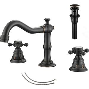GGStudy 2 Handles 3 Holes Faucet Widespread Bathroom Sink Faucet Oil Rubbed Bronze Basin Tap Mixer Supply Hose Included Matching Pop Up Drain