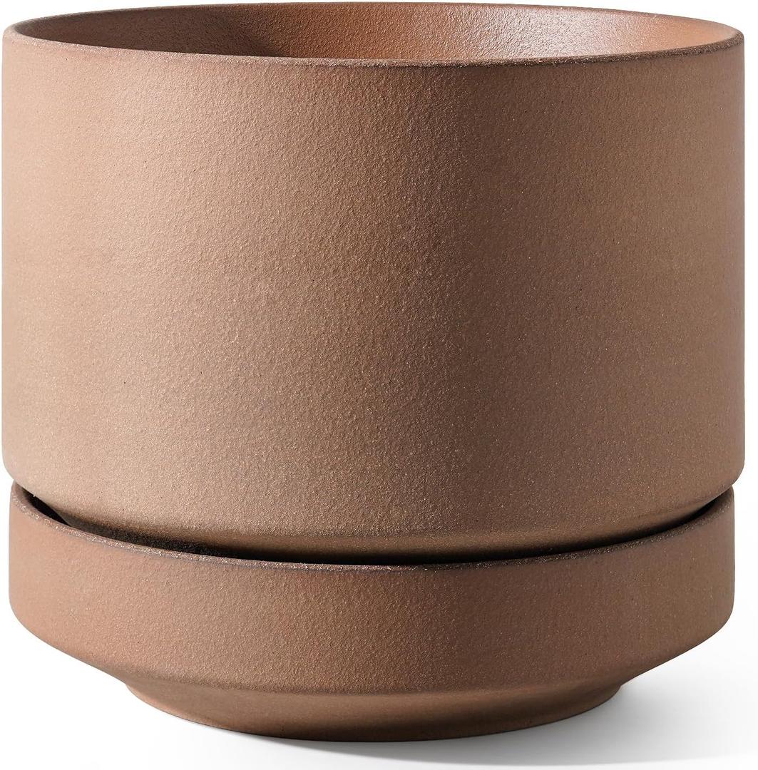 LE TAUCI Large 14 Inch Plant Pot with Saucer | Ceramic Outdoor & Indoor Big Planter Pot | Drainage Hole, Mesh Pad & Plug | Unglazed Porous | Modern Minimalist for Home and Patio  Terracotta Color