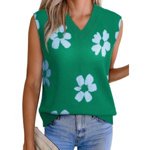 EVALESS Sweater Vest Women Fall Clothes Casual V Neck Cap Sleeve Knit Sweaters Floral Print Vest Tops School Outfits (Large, Green)