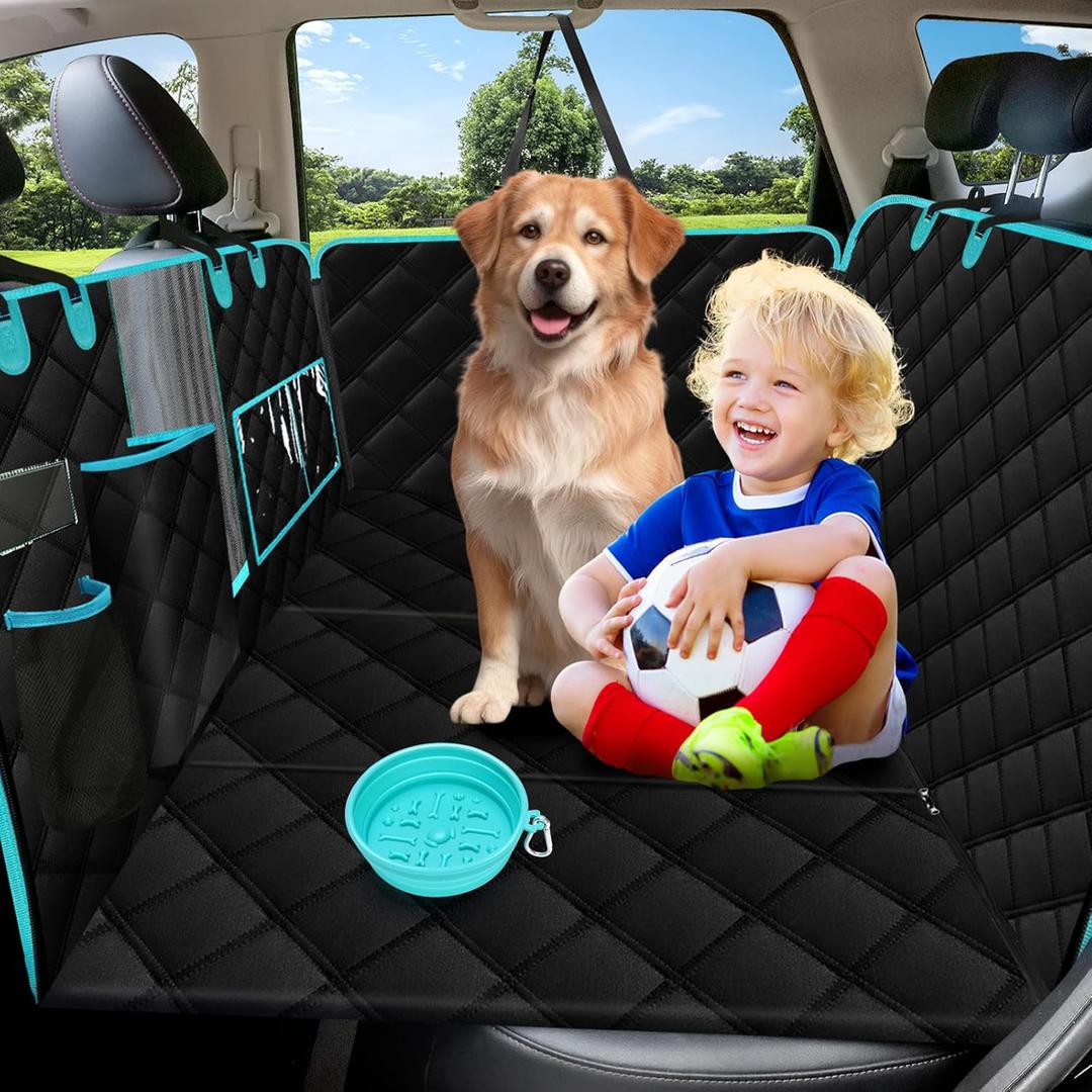 Dog Car Seat Cover for Back Seat, Car Seat Protector for Dogs, Hard Bottom Supports 450 lbs, Triple Waterproof, Non-Slip, Exclusive Zipper Design for Child Seat & Dog Seat Belt (Large, Black-Aqua)