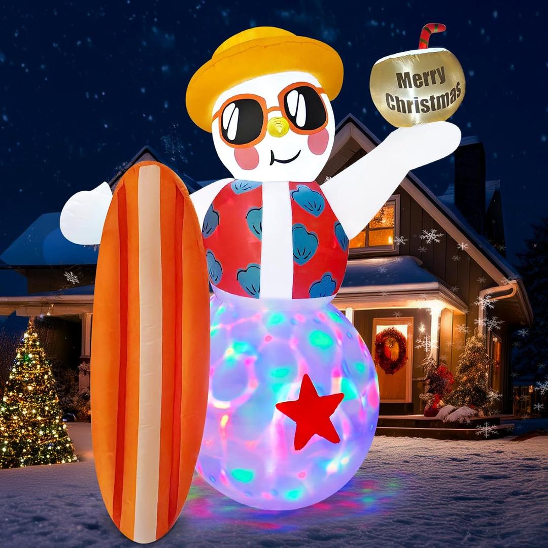 AerWo 8FT Funny Christmas Inflatables Outdoor Decoration, Hawaiian Inflatable Snowman Surfboard with Rotating LEDs, Christmas Blow Ups for Beach Christmas Decorations Outside Indoor Yard Xmas Decor