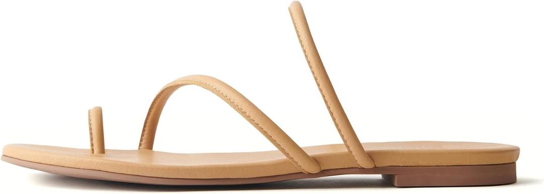 Women's Strappy Flat Sandals Slip On Slides Toe Ring Slippers with Cross Strap Comfortable Open Toe Summer Flats Shoes (8, Nude)