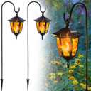 Dynaming 2 Pack Solar Flame Hanging Lights Outdoor, Halloween Solar Flickering Flame LED Garden Lanterns with 2 x 38 Inch Shepherd Hooks, Christmas Lighting for Lawn Patio Yard Pathway Driveway (Warm White)