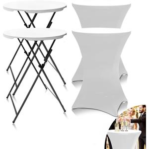 2 Sets 32in Round Folding Cocktail Tables with Spandex Stretch Table Covers for Indoor Outdoor Use Portable Ideal for Parties Events Dining and Gatherings (White Set+2cloth), 2+2 SetB