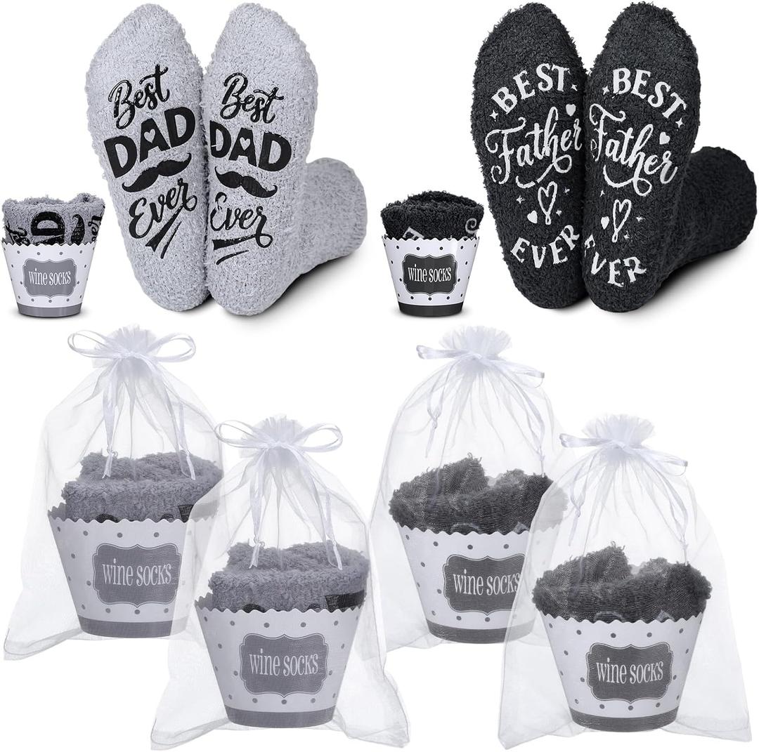 Cuffbow 4 Pairs Fathers Day Socks Fuzzy Cupcake Socks Gift Set Best Dad Ever Gift Funny Sock Gifts for Men Fluffy Slipper Sock with Greeting Cards Organza Bags