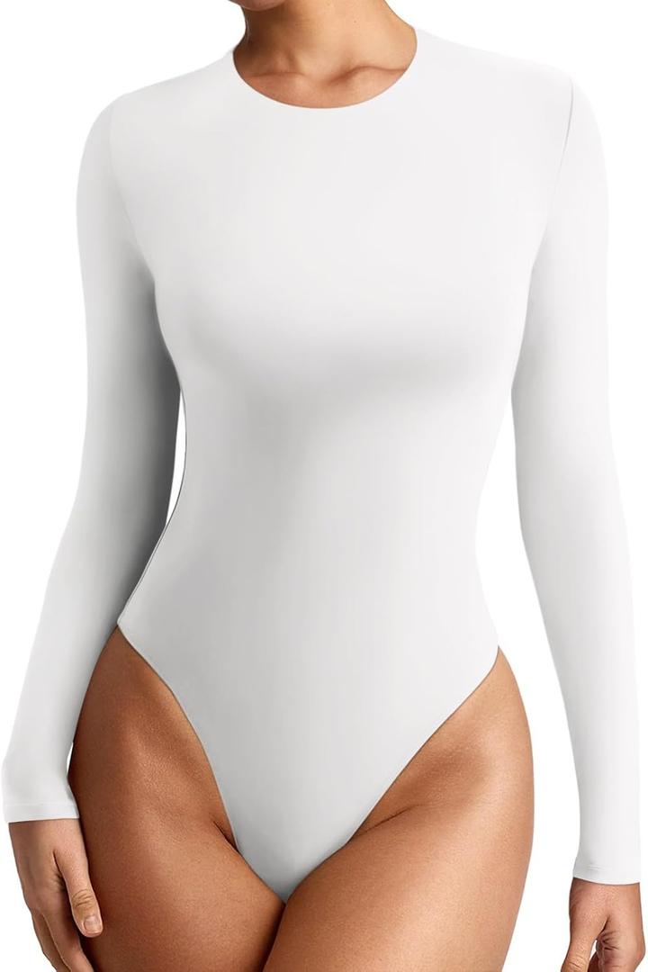 REORIA Women's Crew Neck Long Sleeve Bodysuits Basic Slim Fit Comfy Lightweight Layering Top Fall Winter Outfits (Large, White)