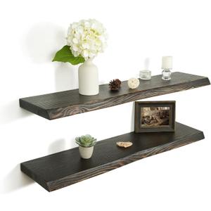 36 Inch Wooden Floating Shelves for Wall Set of 2, Finnish Spruce Solid Wood Shelf, Natural Wood Floating Shelves for Living Room, Bathroom, Bedroom, Kitchen, Country Brown Finish