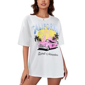 YIJIU Women's Graphic Oversized T Shirts Letter Print Short Sleeve Loose Casual Summer Tops (White, L)