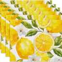 Watercolor Lemon White Flower Placemats Set of 6, Linen Place Mat Washable Stain Resistant Table Mats for Farmhouse Kitchen Dining Party Wedding Decor 12x18 Inch