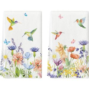 Artoid Mode Anemone Flower Hummingbird Kitchen Towels Dish Towels, 18x26 Inch Seasonal Spring Summer Wild Floral Holiday Decoration Hand Towels Set of 2 (Beige)