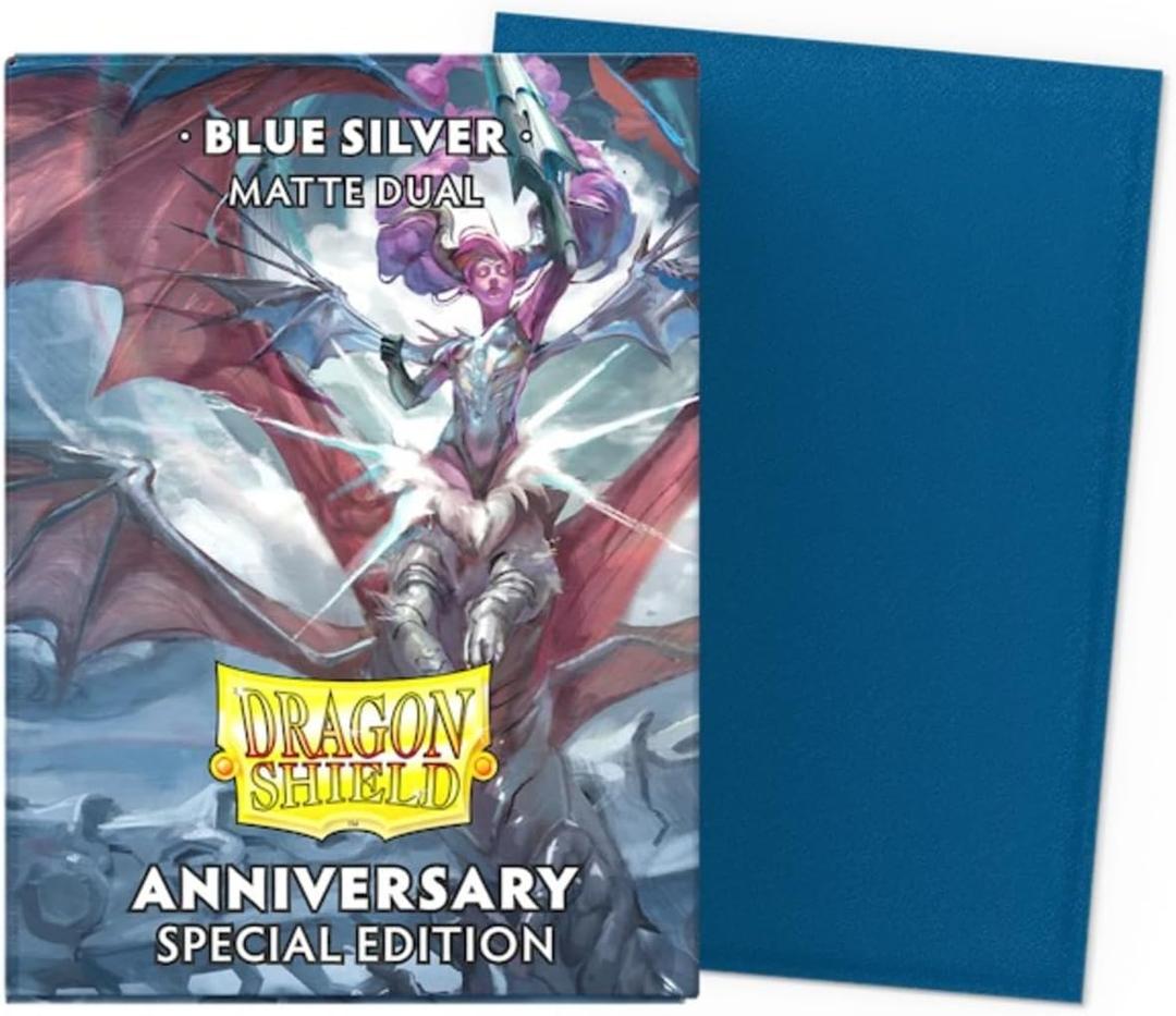 Dragon Shield | Matte Dual Standard Size Card Sleeves | 25th Special Edition | 100 - Smooth & Tough Premium TCG Sleeves - Compatible with Pokemon, One Piece & Magic The Gathering | Blue/Silver