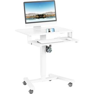 Mobile Standing Desk with Keyboard Tray Rolling Desk 25.6 x 17.7 Inch, Portable Laptop Desk with Wheels, Small Adjustable Height Stand Up Desk, Mobile Computer Workstation Home Office, White (Double-deck)