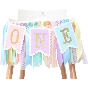 Rainbow High Chair Banner for 1st Birthday - Baby Girl Rainbow Smash Cake for Photo Props, First Birthday Photo Background, Macarons Color Ribbon (Rainbow High Chair Banner)