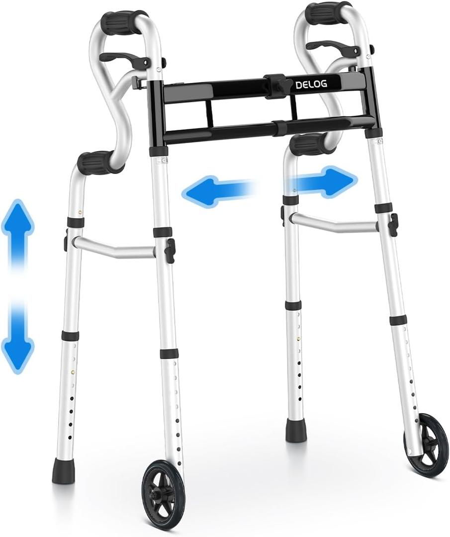 Delog Narrow Folding Walker for Seniors, 3 in 1 Folding Walker with 5 Front Wheels Width Adjustable Compact Standard Walker Support Up to 350lbs