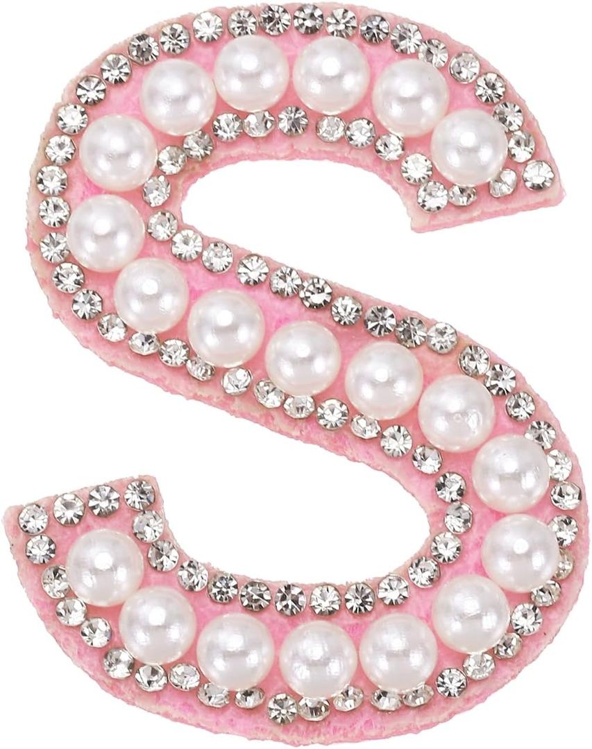 MECCANIXITY Iron on Pearl Letter S Patches, Pearl Rhinestone A-Z Alphabet Self Adhesive Sew on Patches, Glitter Letter Applique for Clothes Fabric DIY Backpack, Pink